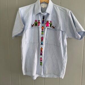 Vintage Chambray Shirt L Embroidered Guatemalan Folk Art People Cat Festival Top